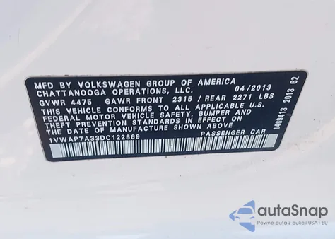 2013 Volkswagen Passat 2.5L S из США, поврежденный, VIN 1VWAP7A33DC122869